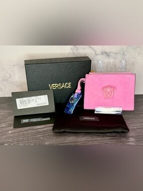 Versace Pink Suede Card Holder with Medusa Detail and Gold Zipper Pull